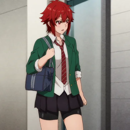 <lora:Tomo_pony_v1:.8>TomoHoldingBag, school uniform, red hair, pleated skirt, red necktie, short hair, school bag, green jacket, bike shorts, 1girl, red eyes, shorts under skirt, shirt, cowboy shot