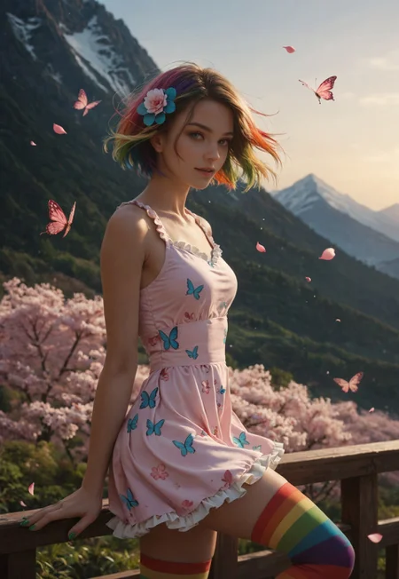 score_9_up, score_8_up, score_7_up, score_6_up, 1girl, 25 years old, perfect face, sexy, (adult),
blue eyes,
rainbow hair, short hair, bob cut, butterfly hair ornament, hair flower, floating hair,