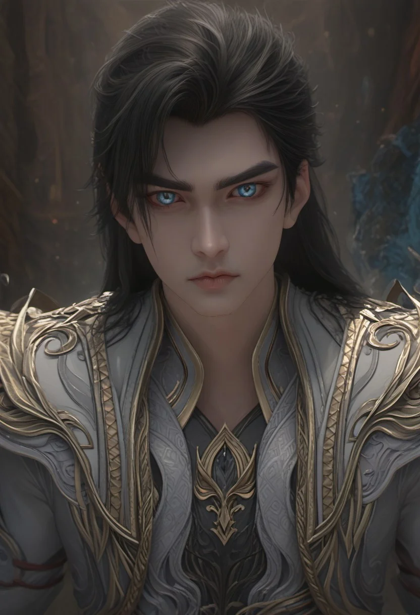 super detailed adult face, score_9, score_8_up, score_7_up, shihao, 1boy, solo, black hair, white dress, blue eyes, masterpiece, ultra-realistic 8k, (best quality), (lots of details), (intricate details), (deep blue palette, black palette, gray palette), (dark theme, dark shot, muted colors), (male focus), (view from above), (unique angle), (dutch angle), 1 adult boy, (masculine), (muscule), shiny skin, detailed eyes, blue eyes, long hair, black hair, (smile:0.3), looking at viewer, indoor, dark abandoned room, highres textures, Expressiveh,
