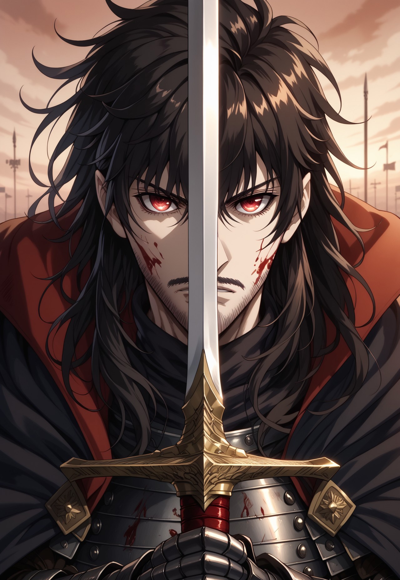 safe_pos, score_9, score_8_up, score_7_up, masterpiece, best quality, Vladcard, solo, 1boy, black hair, long hair, red eyes, facial hair, mustache, two-tone cloak, black cape, full armor, breastplate, gauntlets, angry, looking at viewer, portrait,claymore_(sword), blood on face, blood on body, battlefield, dawn, swordup, looking at viewer, close-up