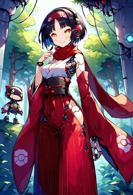 score_9, score_8_up, score_7_up, (outline:0.7), girl, source-disgaea, disgaea style, indoors, outdoors, machine forest, metal trees. sci fi background, sun, Cyborg girl, cyborgirl, android, detailed face, anime style, heavy blush, lipstick, glowing eyes, ball jointed limbs, mechanical parts, mechanical arms, techwear, scifioutfit, bioluminescence, Red glow. wire, headphones, scarf, headphones, hourglass figure, perfect hips, perfect thighs, long eyelashes, smug, pokemonerika, yellow eyes, black hair, headband, short hair, japanese clothes, kimono, hakama, red hakama, long sleeves, wide sleeves,