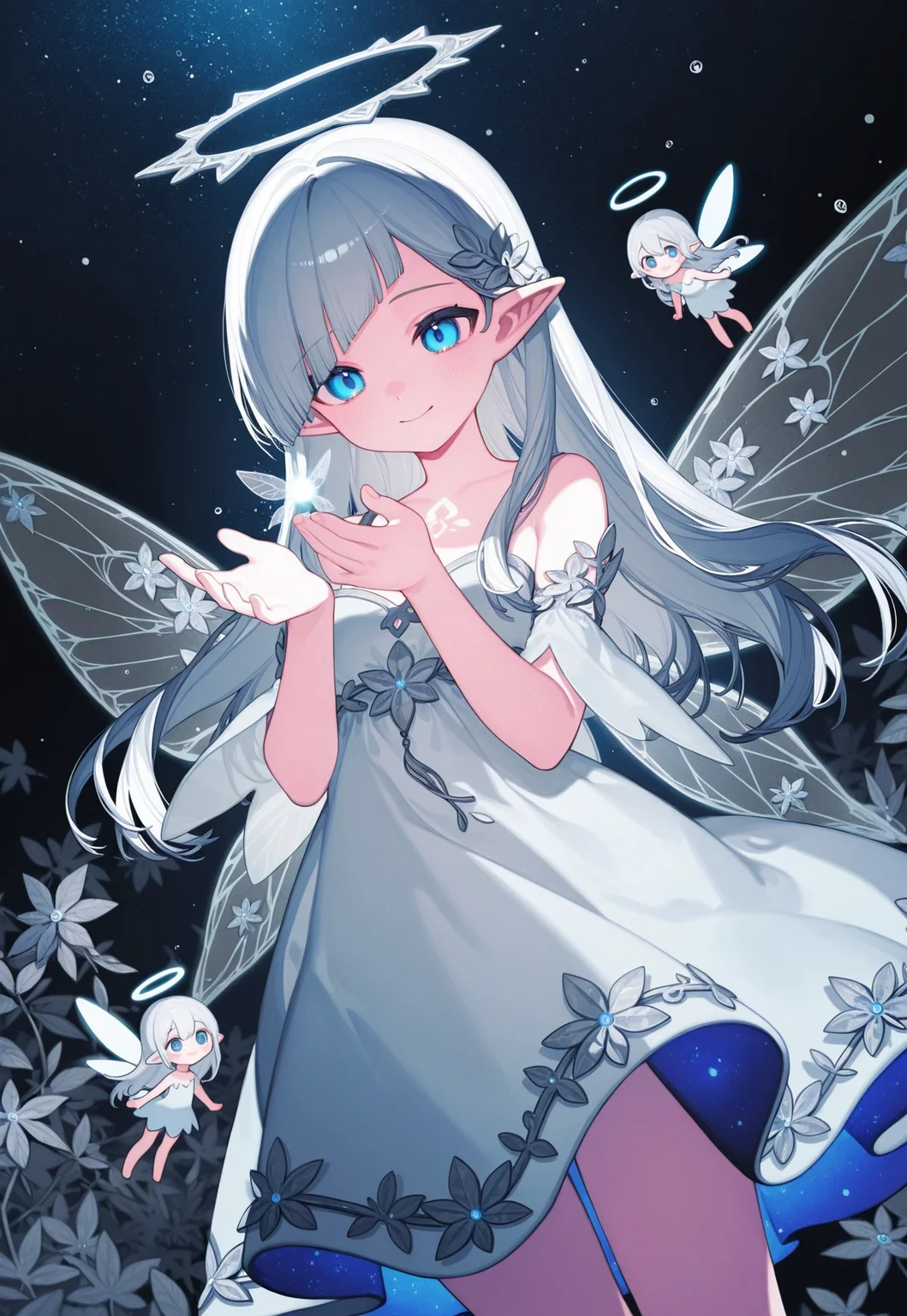 omochi monaka,shio \(shiofeife\i) ,kele mimi , signalviolet,ciloranko,d omm,Riko \(Rik0Ring\), Ningen Mame,
1girl, fairy, solo, alone, pointy ears, blue eyes, diagonal bangs, long hair, dress, halo, light effect, (glowing fairy:1.2), fairy effect, fairy dust, night, moonlight, standing, shy smile, close-up face, transparent wings, (silver flowers and leaves background:1.4), luminous trails, vibrant colors, water splash,starry sky, flat color, outlines, blue and silver theme, dutch angle
,masterpiece,best quality,amazing quality,