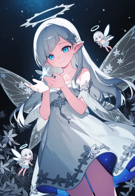 omochi monaka,shio \(shiofeife\i) ,kele mimi , signalviolet,ciloranko,d omm,Riko \(Rik0Ring\), Ningen Mame,
1girl, fairy, solo, alone, pointy ears, blue eyes, diagonal bangs, long hair, dress, halo, light effect, (glowing fairy:1.2), fairy effect, fairy dust, night, moonlight, standing, shy smile, close-up face, transparent wings, (silver flowers and leaves background:1.4), luminous trails, vibrant colors, water splash,starry sky, flat color, outlines, blue and silver theme, dutch angle
,masterpiece,best quality,amazing quality,
