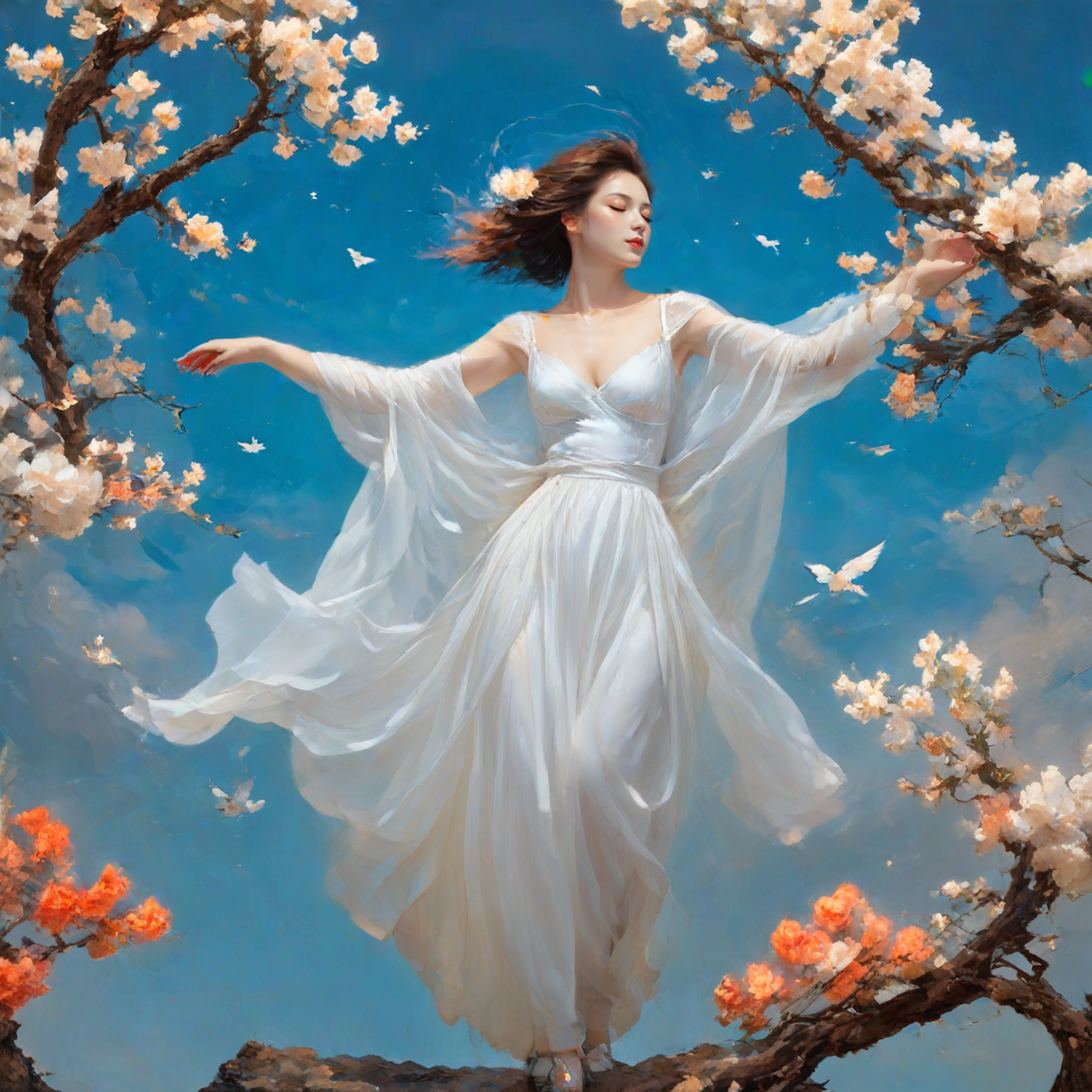 <lora:add-detail-xl:1.0>, 1girl, solo, dress, flower, white dress, brown hair, closed eyes, sky, tree, branch <lora:LangV2:0.85>, <lora:RuanV2:0.6>,