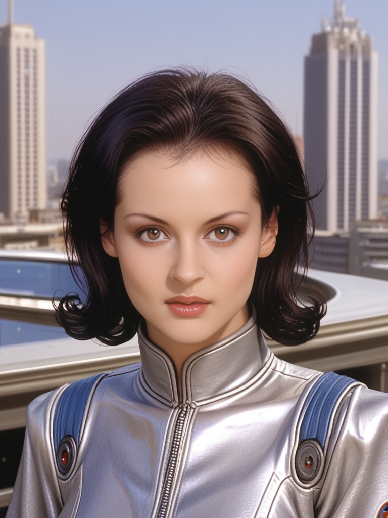 score_9, score_8_up, score_7_up,detailed, cinematic, focus, bokeh, (portrait), face focused, Michell3W1ld, Michelle Wild, <lora:Michell3W1ld-pony:1>,  1girl, mid shot, silver jumpsuit, futuristic, dark hair, bobbed hair, ultra detailed, 8k, skin pores, grain, photograph, retro, 1990s fashion, analog, film, nineties, outside, nighttime, cityscape, (sci-fi aesthetic)