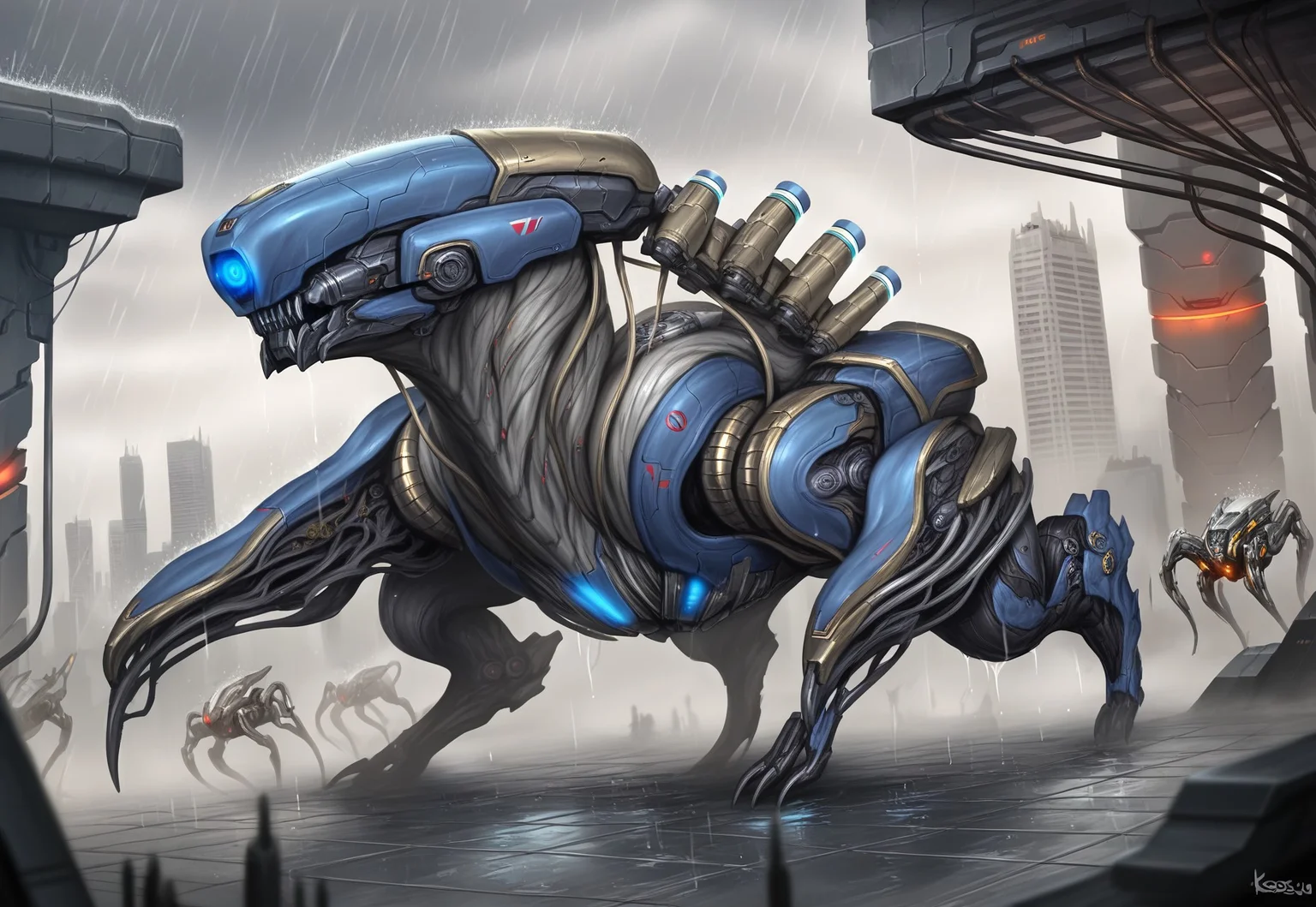 Biomechanical Beast., seamless integration of flesh and machinery, lab, claws, science fiction, building, architecture, intricate blend of organic and mechanical elements, ((tank head)) mysterious landscapes, raining, glowing,, , Heavy Mech, ,, full body shot(, muscular with exoskeleton, metal gear,  alien race,  digital illustration of a futuristic armored cyclops machine. intricate mechanical components, features various textures and layers,  geometric shapes, several logos and text in white, robot with Mutiple eyes, warframe, masterpiece, mechanical design, v-fin, absurdness, photorealism, detailed head structure, insanely detailed, Futuristic(dynamic pose, dynamic angle,