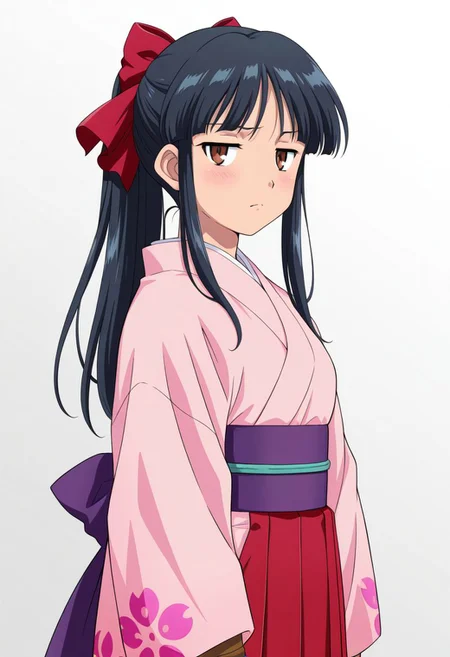 detailed eyes, beautiful, detailed background, perfect eyes,
source_anime, very aesthetic, anime coloring, masterpiece, official art,
<lora:HandFineTuning_XL:1>
BREAK,
simple background,
cowboy shot,
jitome, frown, blush,
BREAK,
<lora:shinguji_illustrious_v01:0.9>
sakuraBase, black hair, hair ribbon, red ribbon, brown hair, ponytail, red bow, sidelocks, bangs,
meiji schoolgirl uniform, japanese clothes, red hakama, floral print sleeves, floral print kimono, purple sash, fingerless gloves, green obijime,
