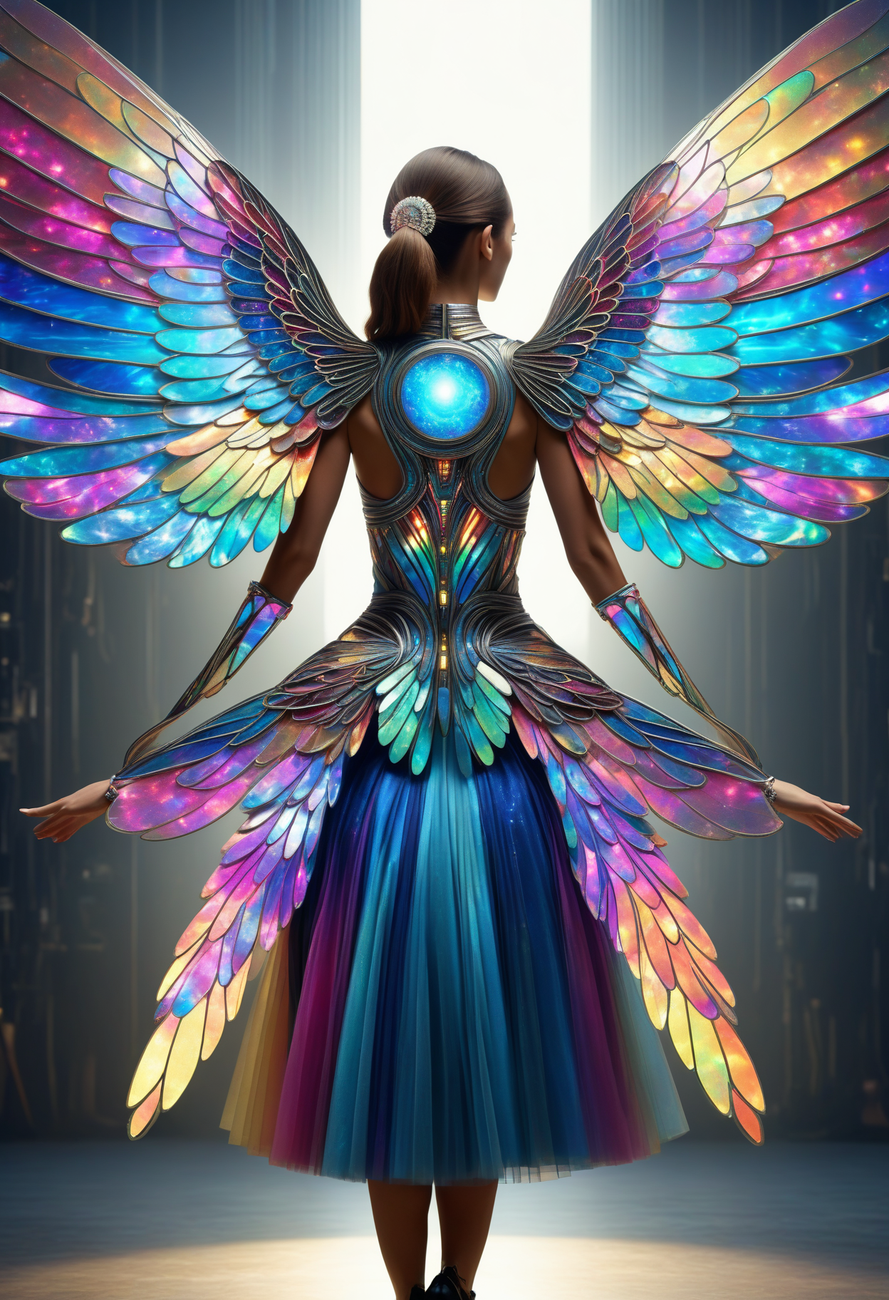 awesome quality, dynamic,DonMDr4g0nXL woman from behind,wings attached to back,skirt, (draconid:0.25) opal multi-color pneumatic illusion, light-speed travel disk read error occurred   <lora:myLora\DonMDr4g0nXL-v2rb:1>,