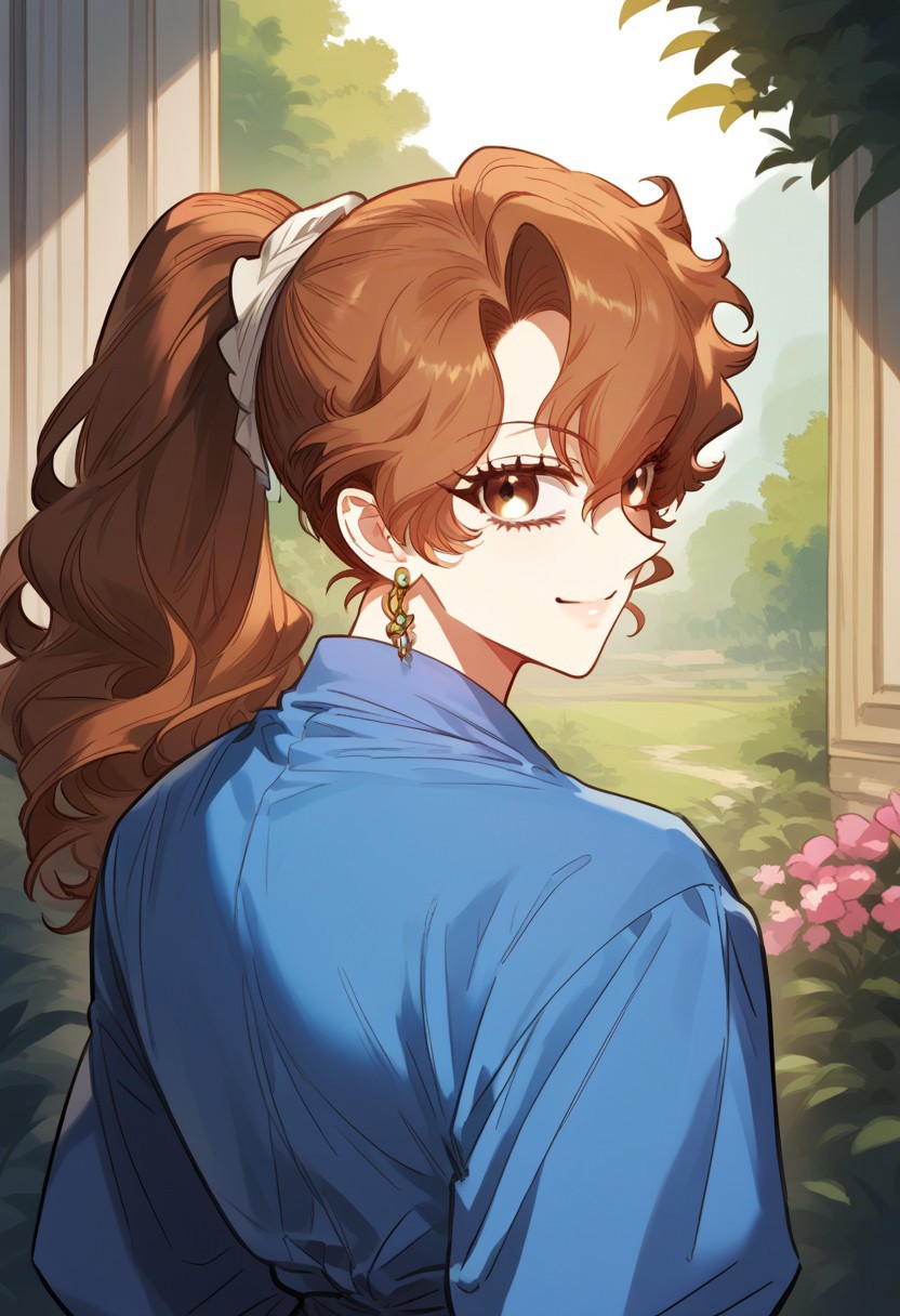 zPDXL3, score_9_up, score_8_up, score_7_up, (Anime_source), 1girl, Dillon brown eyes, brown hair, long hair, Going-out clothes, blue shirt, ponytail, (looking back), upper body, looking at viewer, smile