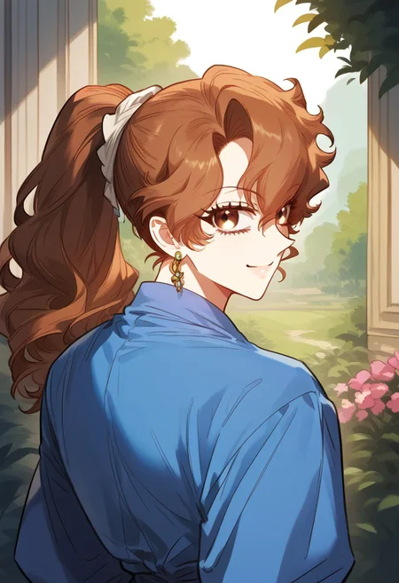 zPDXL3, score_9_up, score_8_up, score_7_up, (Anime_source), 1girl, Dillon brown eyes, brown hair, long hair, Going-out clothes, blue shirt, ponytail, (looking back), upper body, looking at viewer, smile