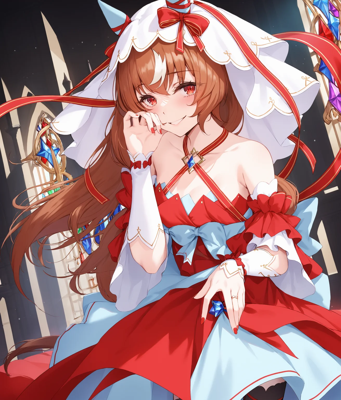 score_9, score_8_up, score_7_up, source_anime, 2D, anime BREAK
masterpiece, highly_detailed, highres,
church, dark, night,
(red nail:0.75), Show Fingers, five fingers,
shobofuku, <lora:StillinLove_v1-ponyXL:0.8>,
1girl, 17 years old, mature, tall, solo, red eyes, bare shoulders, small breasts, horse ears, horse tail, yandere, yandere trance,
bangs, eyebrows visible through hair, long brown hair, streaked hair, hair between eyes, hair scrunchie, veil,
criss-cross halter, red dress, detached sleeves, black thighhighs,
dress bow, ribbon, bow, red bow, jewelry,
smile, blush,