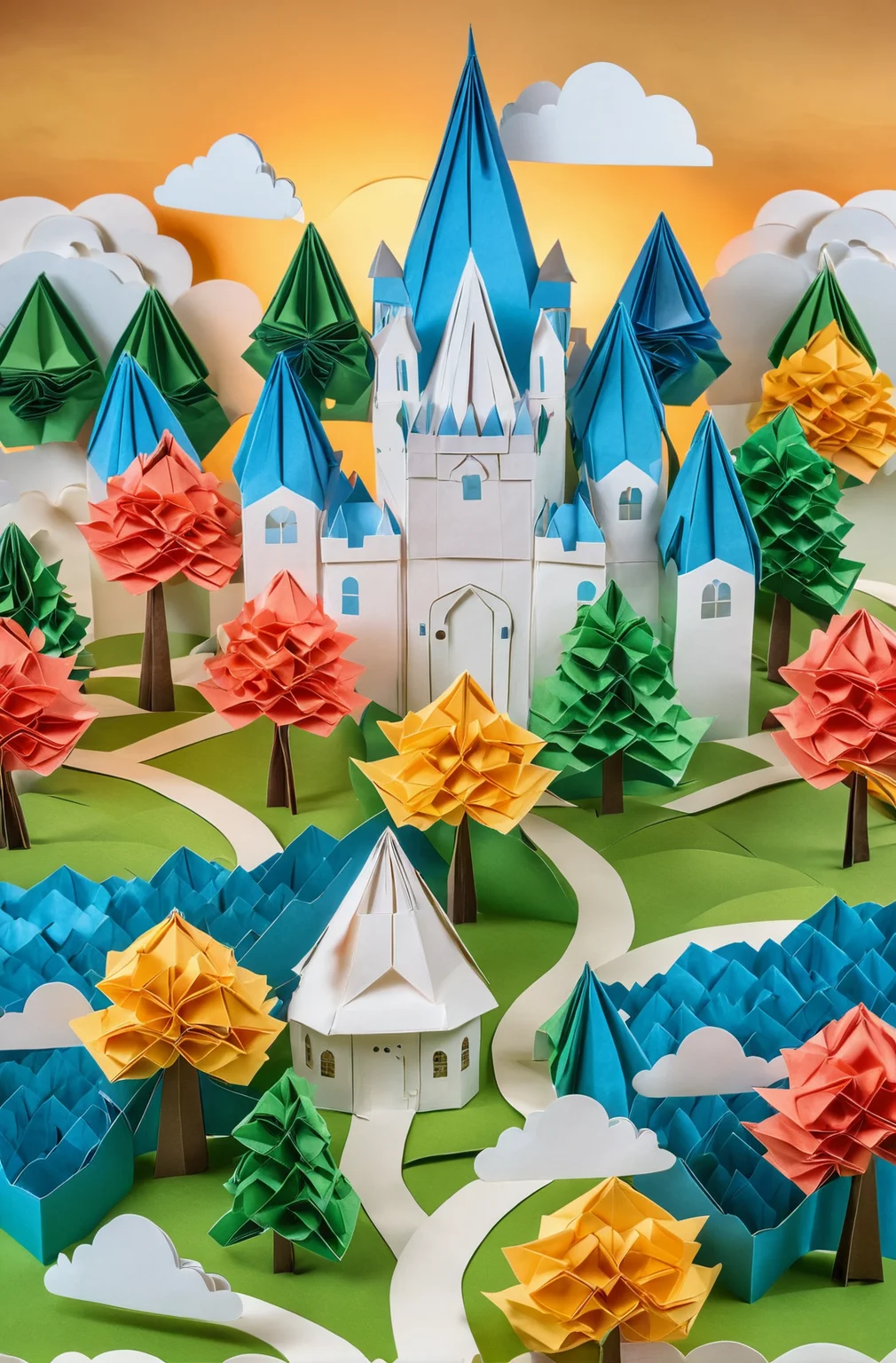 castle made of paper, highly detailed, paper clouds, paper trees, paper landscape, Modular Origami, Ultra-HD, Super-Resolution, origami, paper art, high quality image, masterpiece, hdr, 4k,