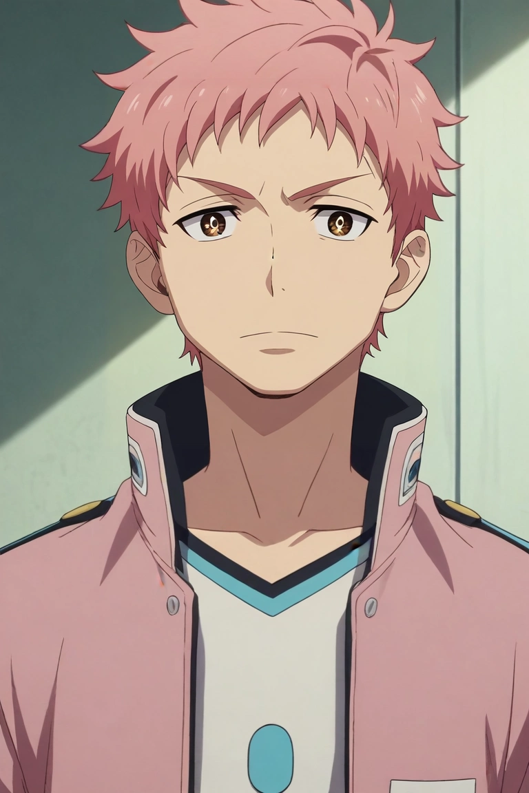 score_9, score_8_up, score_7_up, , rating_safe, , anime screencap, , official style, looking at viewer, , 1boy, solo, male focus, <lora:renzou_shima_pony:0.82>, renzou_shima, pink hair, brown eyes, short hair, upper body, atlantis, day, w arms, sparkling eyes, cop costume, <lora:sdxl_lightning_8step_lora:1>