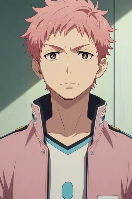score_9, score_8_up, score_7_up, , rating_safe, , anime screencap, , official style, looking at viewer, , 1boy, solo, male focus, <lora:renzou_shima_pony:0.82>, renzou_shima, pink hair, brown eyes, short hair, upper body, atlantis, day, w arms, sparkling eyes, cop costume, <lora:sdxl_lightning_8step_lora:1>
