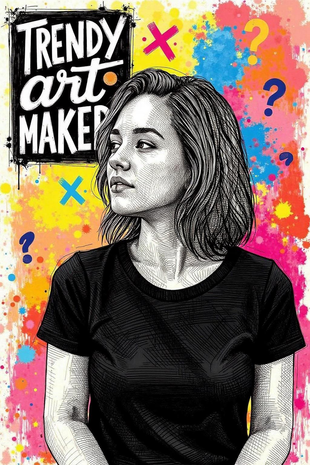 crosshatch black and white drawing.
A vibrant, abstract painting of a female figure, wearing a black t-shirt. The grunge style blends with frutiger style elements, featuring beautiful vector shapes in a colorful, minimalistic composition reminiscent of 2004 aesthetics. A text block above her head reads TRENDY ART MAKER in bold, swirling script, incorporating the symbols x, ??, and ??. The gradient background adds depth, while sharp details and oversaturated colors create an eye-catching, high-quality artwork that blends vector art with mixed media. This original piece exudes a sense of trendiness, vintage flair, and award-winning quality, making it NSFW. artint, vivid colors, <lora:crosshatch2_nocap_d6a3:1.0><lora:809155449254503904:0>