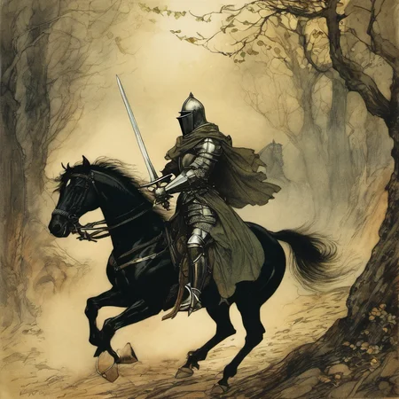 (vintageillustration:1.2), knight, 11CE, charging,  [(style of Arthur Rackham:1.4):0.2], Fantasy, medieval, dark fantasy