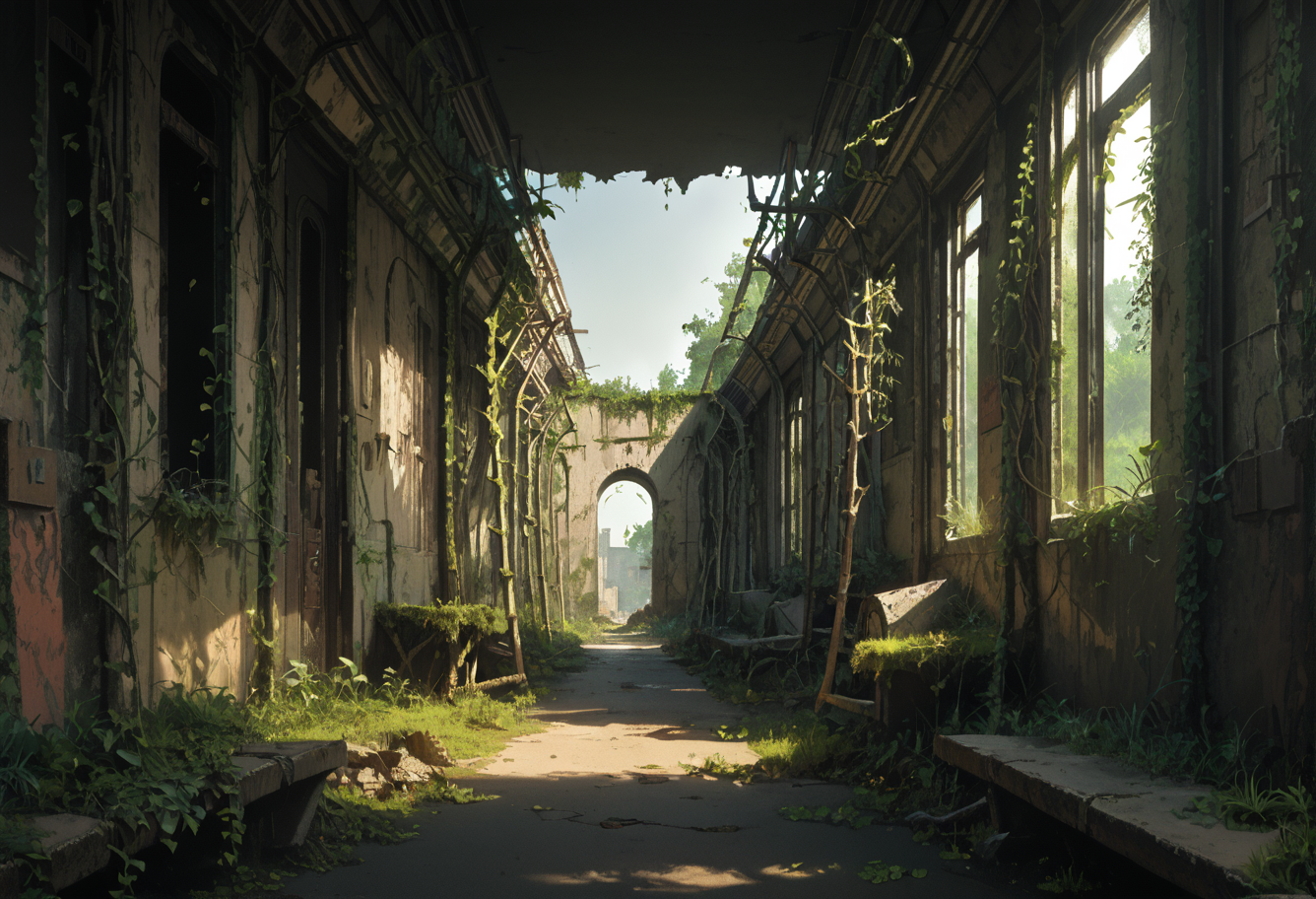 ,ruanyi0777,moss,vines,overgrown,tree,ruins,broken window,outdoors,cityscape,sidewalk,<lora:0777 no one world_v1_pony:1>, score_9,score_8_up,score_7_up,,8k,1girl,solo,