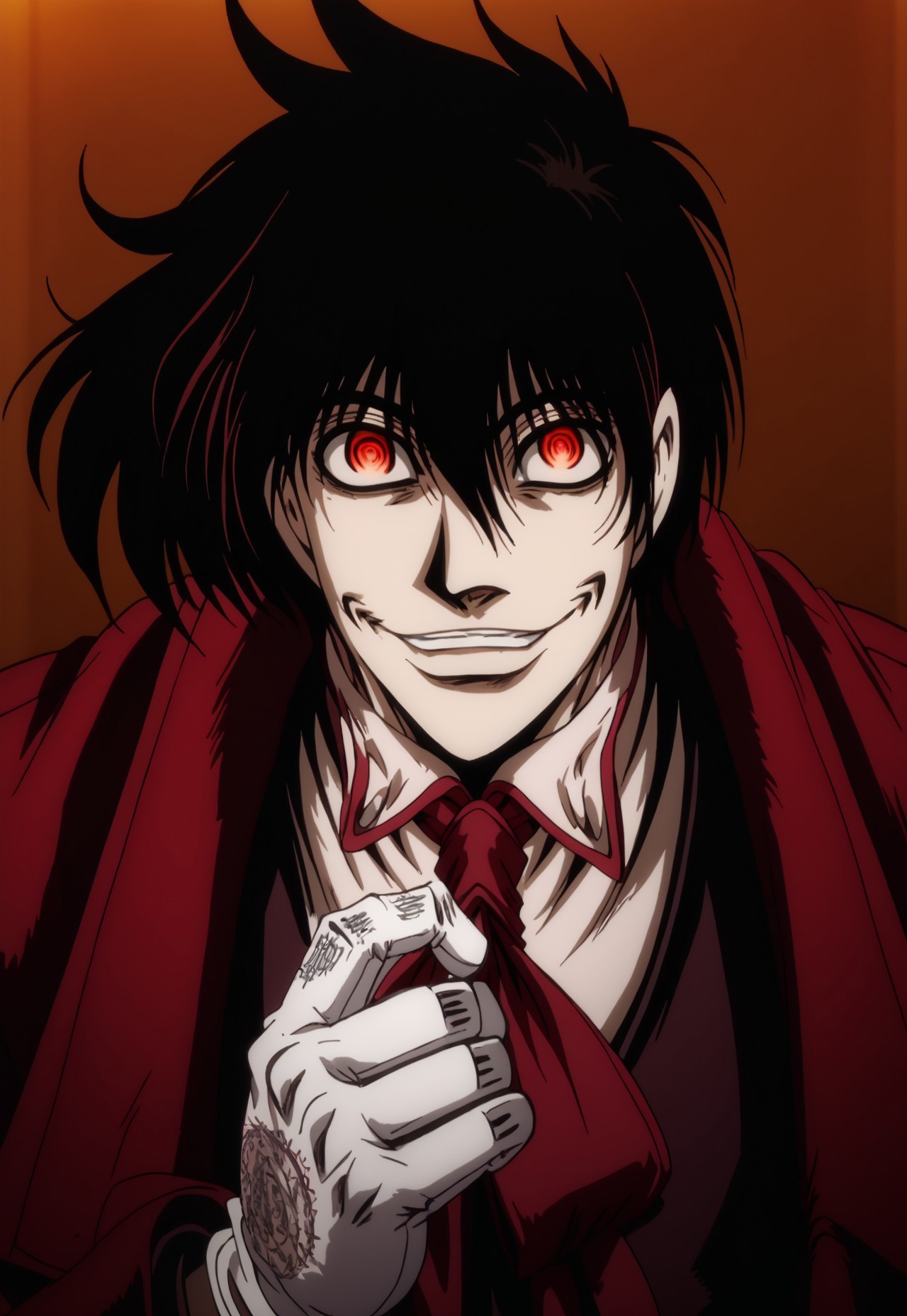 safe_pos, score_9, score_8_up, score_7_up, masterpiece, best quality, amazing quality, Normalucard, solo, 1boy, male focus, black hair, short hair, red coat, red ascot, white shirt, black jacket, white gloves, red eyes, crazy eyes, looking at viewer, smirk, blood on face, portrait, dynamic pose, perspective, night, dark, hellsing_ultimate_style
