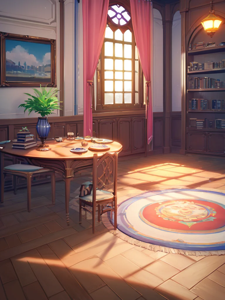 score_9, score_8_up, score_7_up, score_6_up, score_5_up, score_4_up, source_anime, official art, <lora:mondstadt_background-ponyxl-v11h:1>, indoors, mondstadt, scenery, architecture, chair, table, wooden floor, lamp, light, shelf, window, carpet, sunlight, painting /(object/)