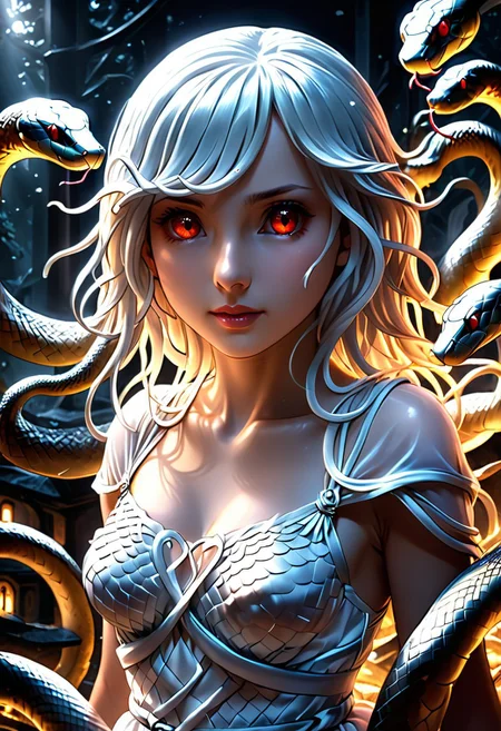 source anime, anime style, official art, "Sengoku Nadeko wrapped by a pale white snake around her neck, glowing under soft, eerie lighting, surrounded by detailed scales, mixed with a surreal and unsettling atmosphere, photorealistic textures." white_hair, red_eyes, medium_hair, snake_hair, small_breasts, WHITE DRESS, <lora:SDXLFaeTastic2400:0.4> <lora:extremely_detailed:0.4> extremely detailed, <lora:sn4ke:1>,sn4ke, Masterpiece,best quality,hi res,8k,hi res,8k,award winning,(sharp focus, intricate, highly detailed), rating:safe