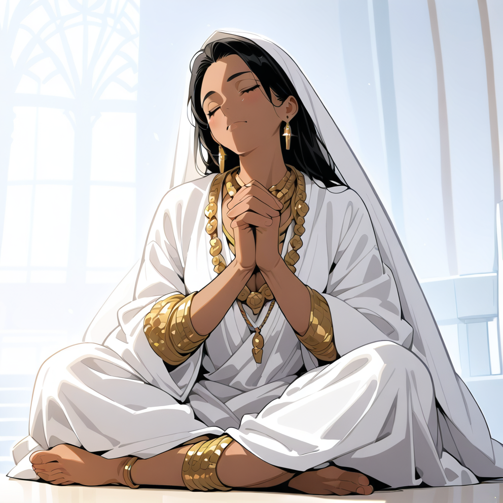 Anime,brown skin,long black hair, wearing a white sari, gold necklace, gold earrings, masterpiece, best quality, amazing quality, sitting, eyes closed, praying, hands clasped, legs folded, indoors, temple, <lora:Tan_Pokemon_Anime_style_girl:1>