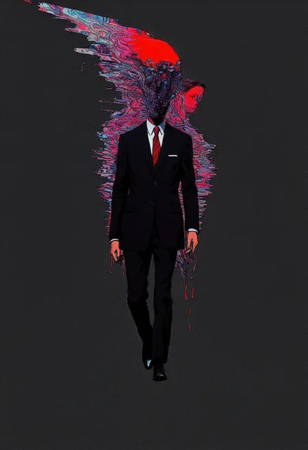 Colorful dark glitched Sketch By herg, Parasyte - The Maxim, glitched head depressed Business Woman Walking Home from work, water, violence, drowning, deep Blacks, high contrast, monochrome with Red Highlights,
