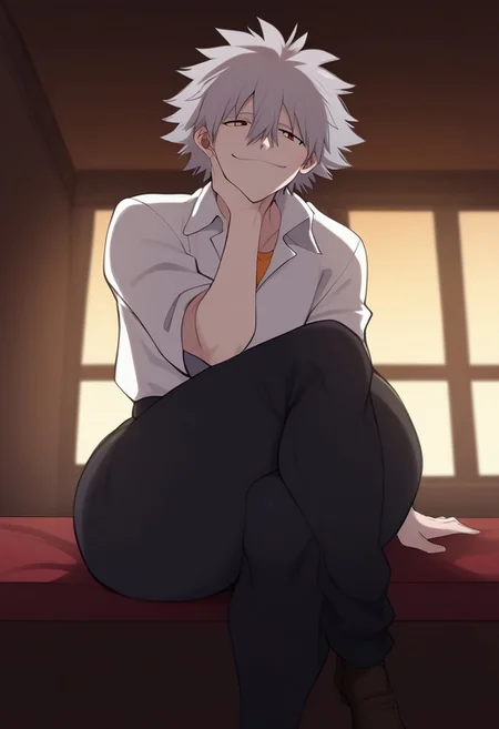 score_9, score_8_up, score_7_up, 1boy, smquanxi, masterpiece, perfect face,
nagisa_kaworu, grey hair, hair between eyes, red eyes, white dress shirt, orange under shirt, tucked dress shirt, black jeans, undone belt, skin tight pants, thick male, (covered butt), thick thighs, half-closed eyes, looking at off-screen character, emotionless smile, completely focused on off-screen character, natural lighting, sitting, sitting on window, indoors, bedroom, ((from below, from side,)) Expressiveh, Expressiveh,yamathegod style, (...), arm over knee, casual sitting position, zero shame, zero shame at all,