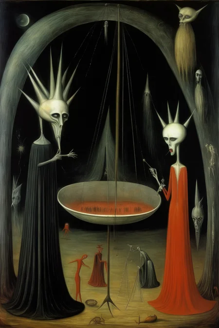 <lora:Leonora Carrington Style:1>Leonora Carrington Style - el limbo, inframundo, el mundo de los espritus, despus de la muerte, el infierno, al estilo de pintura de obra surrealista de Leonora Carrington