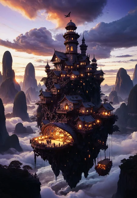 skies of arcadia,best quality, masterpiece, extremely detailed, professional art, professional painting, intricate detail, dynamic composition, back lighting, perfect shading, professional shading, bokeh, cool fill light, formidable, impenetrable, highly detailed, far shot, giant floating island in the sky, onyx black castle, a peasant town surrounds it, lots of different dwellings, steampunk fantasy, sunset, purple clouds, lava falls, floating, cityscape, island
