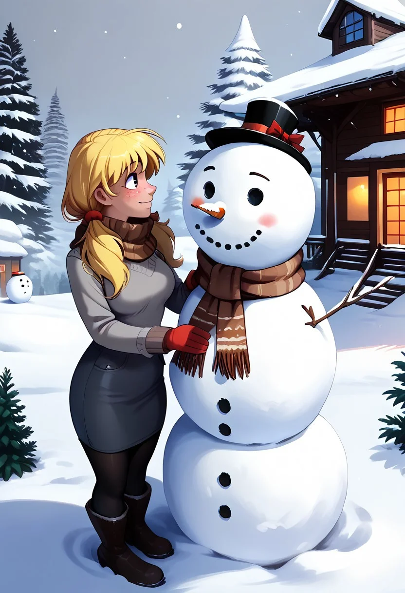score_9, score_8_up, score_7_up, score_6_up, score_5_up, score_4_up, High resolution, High quality, Ultra-detailed, ((jay_naylor_style)), ((cartoon style)), front view, 1girl, dynamic angle,
BREAK,
((1girl)), marryannpxljay, blonde long hair, twintails, low twintails, natural breasts, freckles, cinematic light, sexy winter outfit, brown scarf, gray sweater, gray mini skirt, long legs, ((sheer black tights)), long black boots, happy face, ((looking at snowman)),
BREAK,
sn0wm4n, snowman, top hat, outside, snowy landscape, snow-covered forest in the background, building a snowman, snowman with 3 balls, ((snowman looking at girl)), smiling snowman, coal eyes and turnip nose, ((profile))