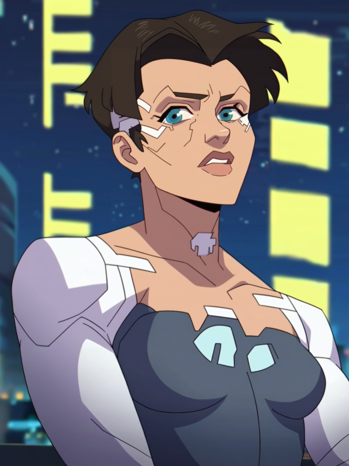 <lora:Viltrumit:0.9>, v_um, 1girl, blue eyes, brown short hair,   ((cyberpunk outfit)), night city background, score_9, score_8_up, score_7_up,