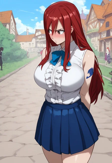 (score_9, score_8_up, score_7_up, high quality, best quality, ultra-detailed, very aesthetic, illustration, perfect composition, intricate details, absurdres, high res image, masterpiece, vibrant colors, beautiful face, detailed face, 1girl, solo focus, perfect eyes, detailed eyes), erza scarlet, Erza_Scarlet, long hair, red hair, hair between eyes, brown eyes, pale skin, thighs, perfect body, voluptuous, large breasts, curvy body, narrow-waisted, wide hips, (skirt, shirt, bow, boots, sleeveless, sleeveless shirt, tattoo, white shirt, frills), (blushing, embarassed, looking to the side, looking away, hands behind back), (fantasy, outdoors, town, park)