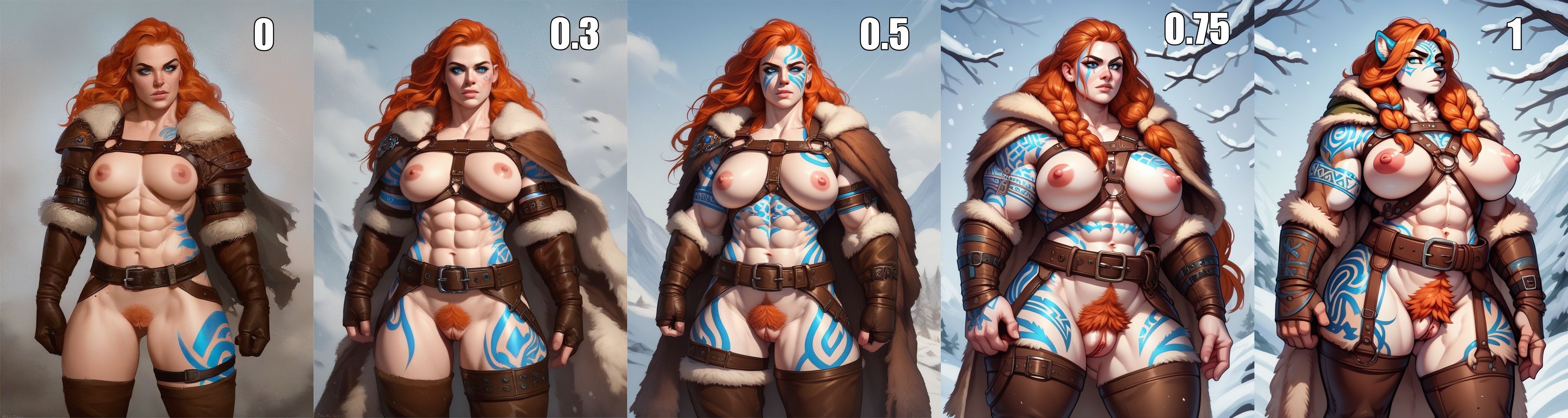 girl, ginger hair, punk hairstyle, very long hair, barbarian, muscular female, big muscles, nordic warrior, celtic warrior, pale skin, brown fur outfit, white fur outfit, brown leather baldric, belt, leg straps, fur cloak, fur sleeves, fur stockings, brown warrior harness, breasts, nipples, pussy, pubic hair, ginger pubes, blue tattoos, blue markings, winter nordic background, 