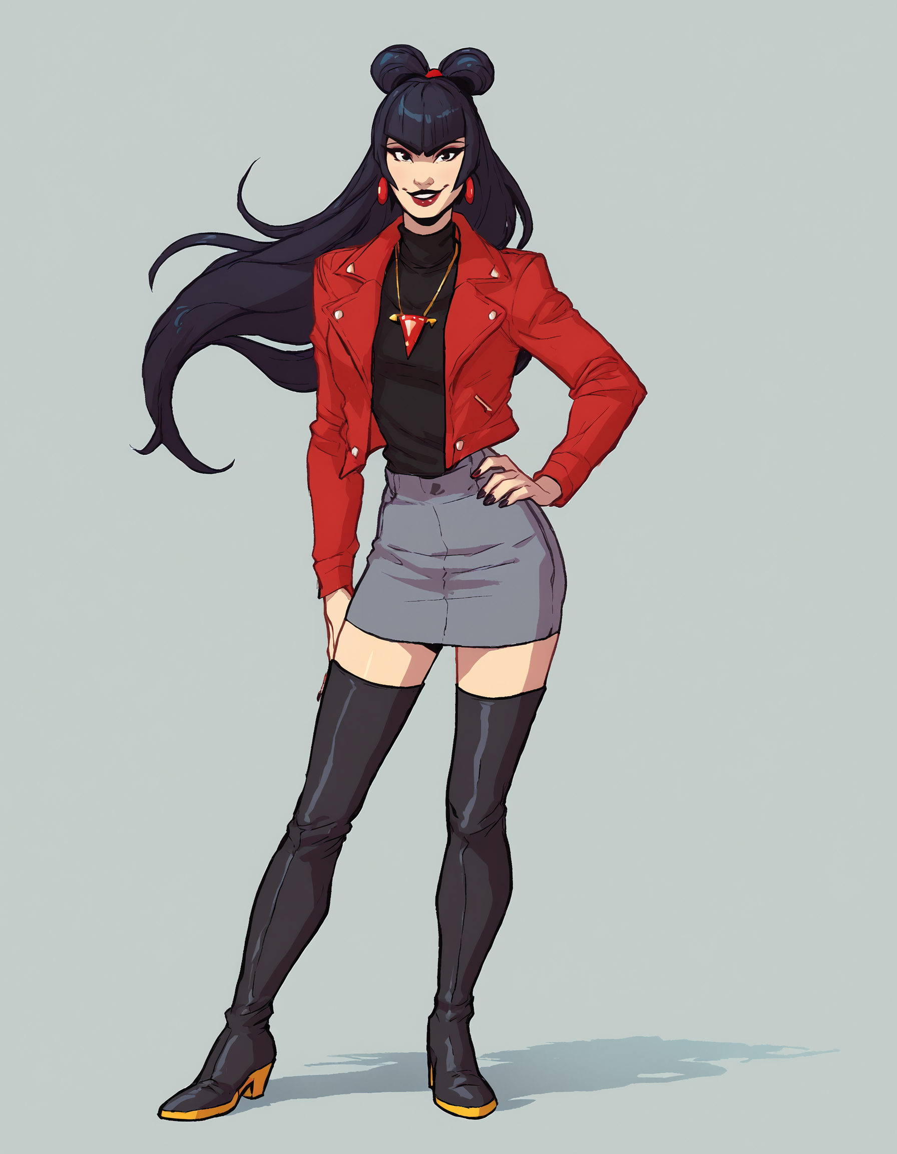 mollygau, 1girl, solo, long hair, boots, jewelry, thigh boots, black turtleneck, full body, bangs, double bun, black hair, makeup, earrings, standing, looking at viewer, lipstick, red jacket, simple background, lips, nail polish, necklace ,smile, <lora:MollyGauPony1.0JLFO:1>, looking at viewer, hand on own hip, cowboy shot,, score_9, score_8_up, score_7_up, score_6_up, score_5_up, score_4_up