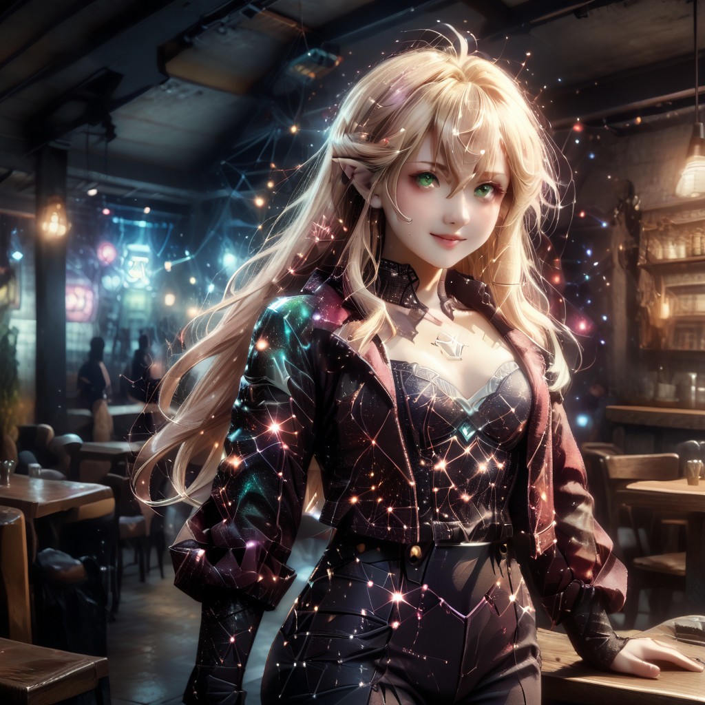 starry_morph, score_9, score_8_up, score_7_up , 1girl, solo, long hair, pink hair ribbon, cowboy shot, nightclub, neon lights, bokeh, depth of field, blush, happy, makeup, open leather jacket, red leather high waist pants, signora, Robina, long hair, hair between eyes, green eyes, pointy ears, elf, blonde hair, ahoge, Cyberpunk, hands hidden, hands on the back.
