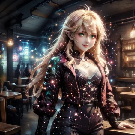 starry_morph, score_9, score_8_up, score_7_up , 1girl, solo, long hair, pink hair ribbon, cowboy shot, nightclub, neon lights, bokeh, depth of field, blush, happy, makeup, open leather jacket, red leather high waist pants, signora, Robina, long hair, hair between eyes, green eyes, pointy ears, elf, blonde hair, ahoge, Cyberpunk, hands hidden, hands on the back.