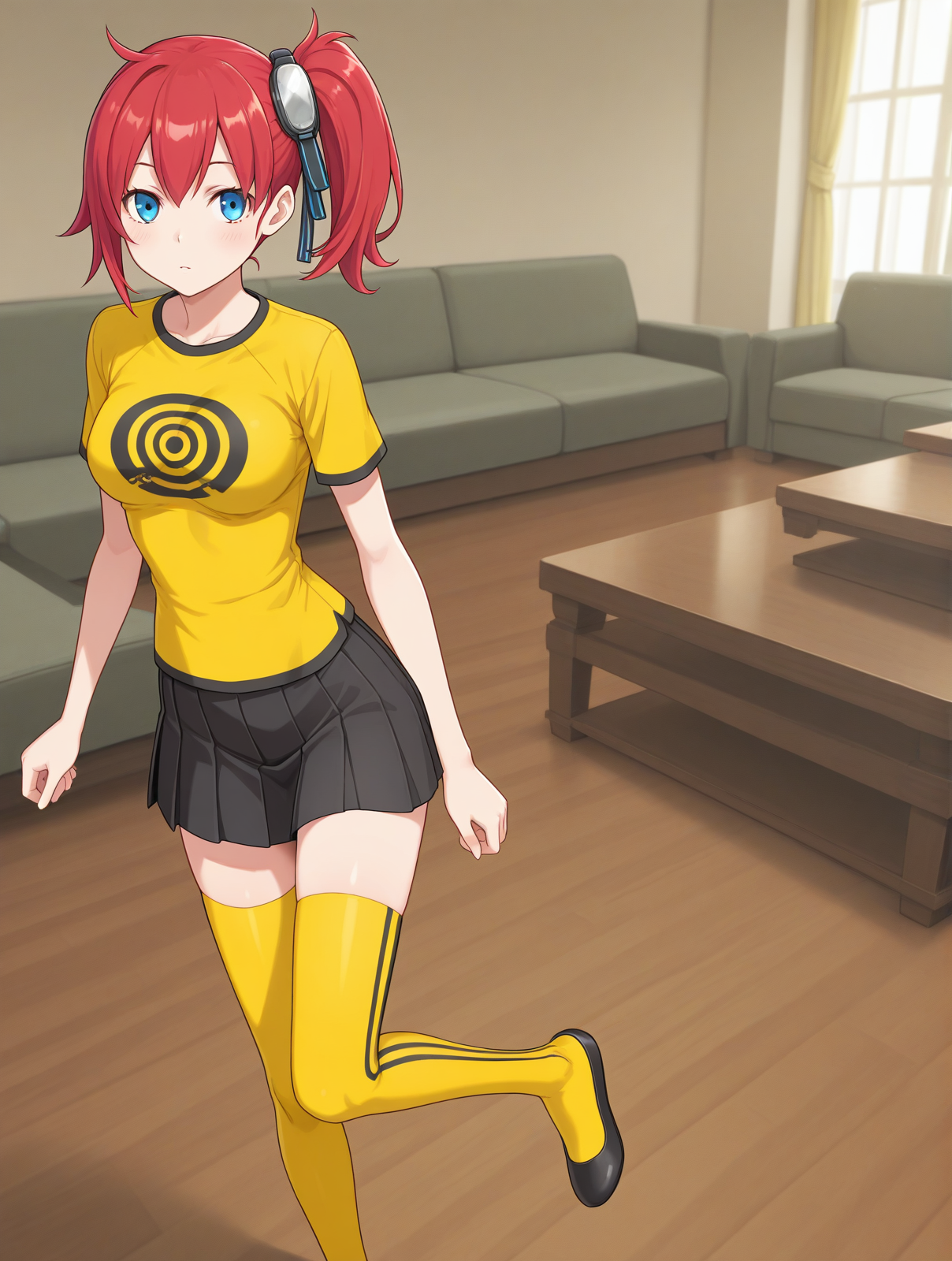 (yellow shirt print shirt black skirt yellow thighhighsflats:1.50), 
dsc-ami, blue eyes, red hair, side ponytail, goggles on head,  
1girl, medium breasts, 
(masterpiece, highres, ultra-detailed,very aesthetic, best quality, absurdres, high quality, highres), 
horny,
full body,
(:0.90), 
BREAK,
living room wide shot,
comic,
(solo:0.90), (skinny:0.8),
(anime coloring),
<lora:dsc-ami-V03-illXL-000003:0.60>