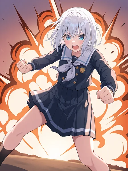 masterpiece,newest,absurdres,best quality,1girl,solo,kurata mashiro,kurata mashiro uniforms,white hair,blue eyes,school uniform,black serafuku,pleated skirt,sailor collar,blue skirt,outdoors,<lora:Kurata Mashiro3:0.6>,fighting_stance,outstretched_arms,explosion,