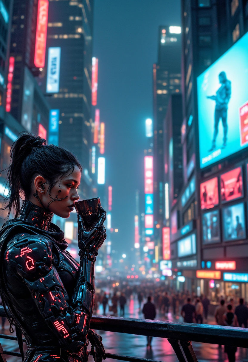 Cyberpunk highly detailed, high-resolution photograph, recypu style.

A sleek, futuristic city at night, where neon lights illuminate the streets filled with bustling crowds and flying cars. In the foreground, a cybernetically enhanced woman is sipping coffee from a glowing cup, her mechanical arm sparking gently as she leans against a holographic billboard. The sky is filled with towering skyscrapers and a faint haze of industrial fog.
Cyberpunk, Recypu style.