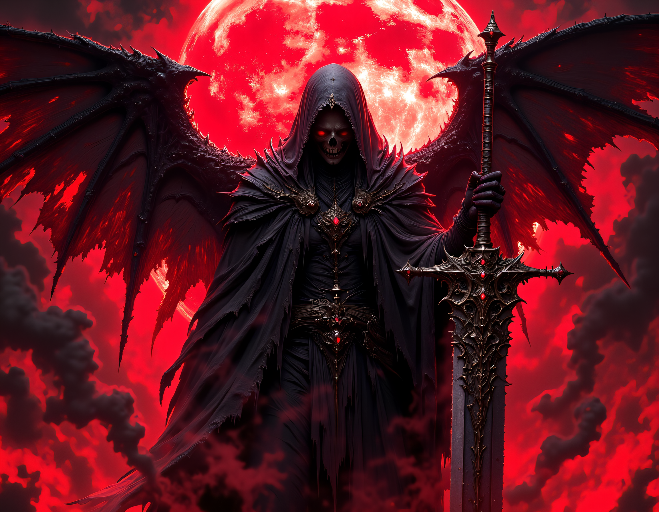 A gloomy image of a cloaked and hooded angel of death amidst swirling smoke. His dark skull face hidden in shadow. holding his large sword, its blade gleaming in the red light, against a full glowing red moon, light rays, atmospheric lighting, NMhorror
