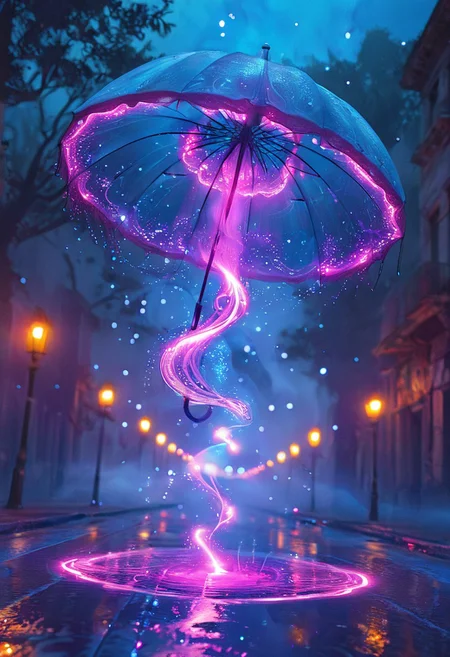 (abandoned umbrella:1.5), (floating gently:1.5), (ethereal glowing swirls:1.6), (mystical light particles:1.6), dreamy atmosphere, (vibrant neon mist:1.4), twilight city street, hyper-detailed fabric texture, soft illuminated fog, cinematic soft lighting, (glowing blue and magenta hues:1.5), fantasy realism, enchanted night, peaceful urban background