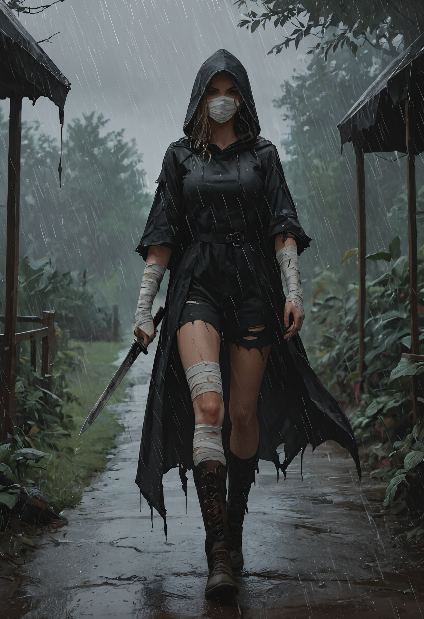 score_9, score_8_up, score_7_up, source_photo, Rainy gazebo atmosphere, 1girl, walking, solo, weapon, hood, torn_clothes, holding, cloak, knife, bandages, sword, hood_up, standing, Wide-angle standing curve, rating_safe, <lora:pony\nocturnal_indecent:0.6600000000000001>