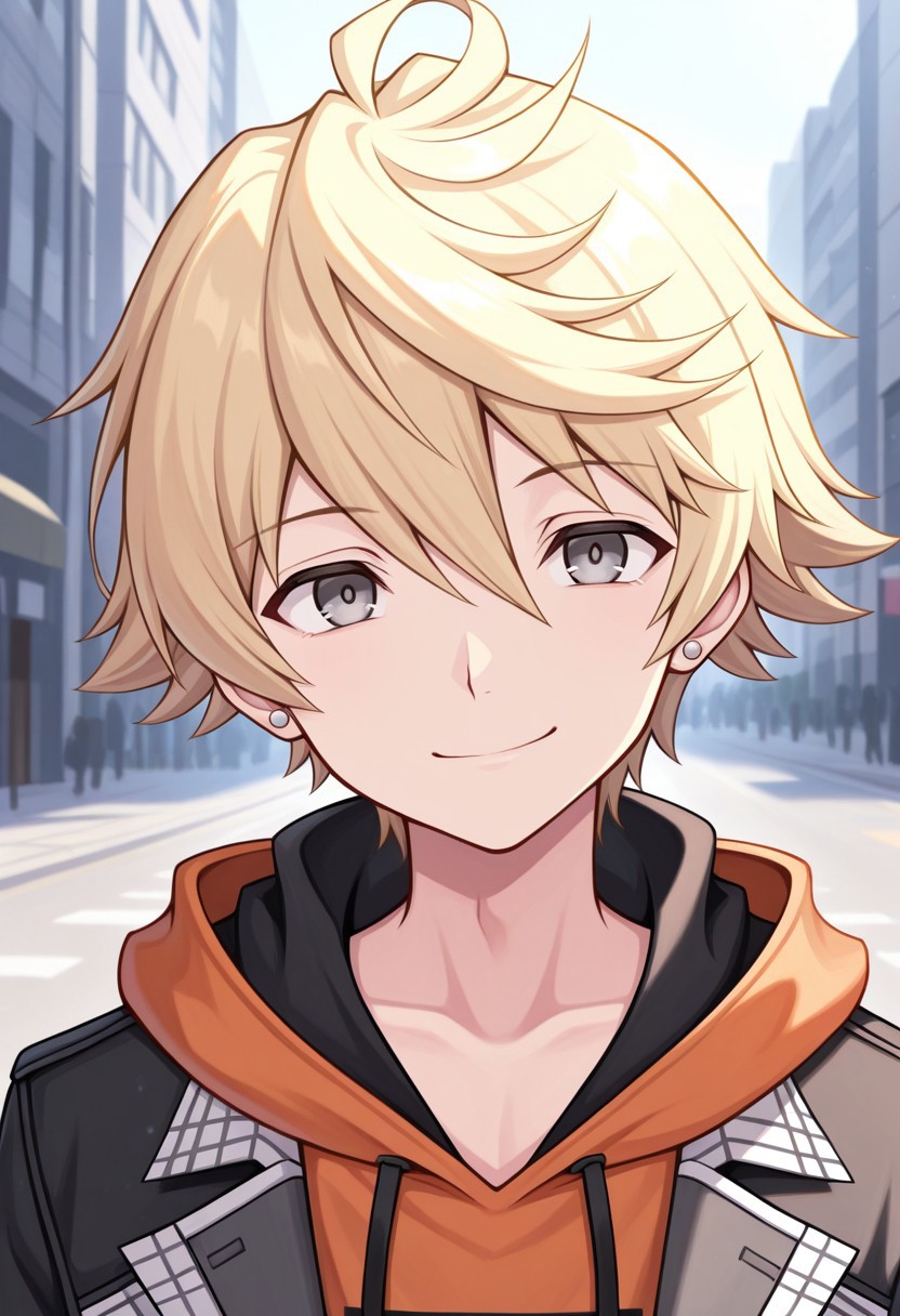 masterpiece,best quality,amazing quality, source_anime,
rindokanade, 1boy, male focus, solo, grey eyes, blonde hair, jewelry, earrings, hoodie, orange hoodie, coat, black and white coat, portrait, smile,
outdoor,