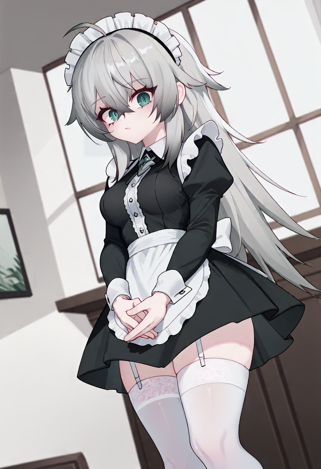 score_9, score_8_up, score_7_up, score_6_up, source_anime, BREAK dutch angle, indoors, 1girl, <lora:KatjaPDXL-v2-17:0.8> katja, long hair, grey hair, aqua eyes, hair between eyes, ahoge, maid, black dress, apron, long sleeves, maid headdress, medium breasts, thighhighs, garter straps, looking at viewer, own hands together, <lora:Eonsang_PDXL-v2-10:1>
