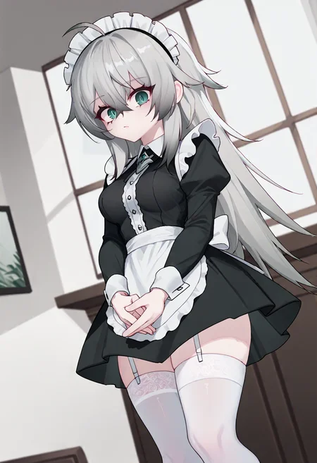 score_9, score_8_up, score_7_up, score_6_up, source_anime, BREAK dutch angle, indoors, 1girl, <lora:KatjaPDXL-v2-17:0.8> katja, long hair, grey hair, aqua eyes, hair between eyes, ahoge, maid, black dress, apron, long sleeves, maid headdress, medium breasts, thighhighs, garter straps, looking at viewer, own hands together, <lora:Eonsang_PDXL-v2-10:1>