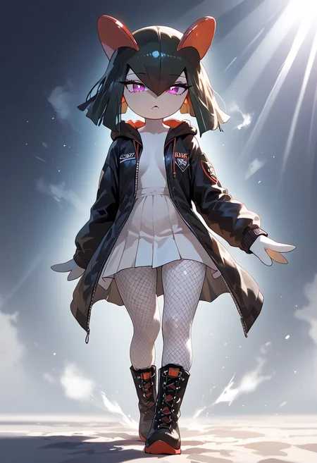 (((Kirlia))), female, anthro, pale white skin, score_9, score_8_up, score_7_up, warm lighting, dust, light rays, horny face, steamy, vibrant colors, magical light, 
1girl,solo, Kirlia, pale white skin,purple eyes,white eyes,blunt bangs,black hair, hime cut, hooded jacket, fishnets, headband around neck, pants, boots, black footwear,
