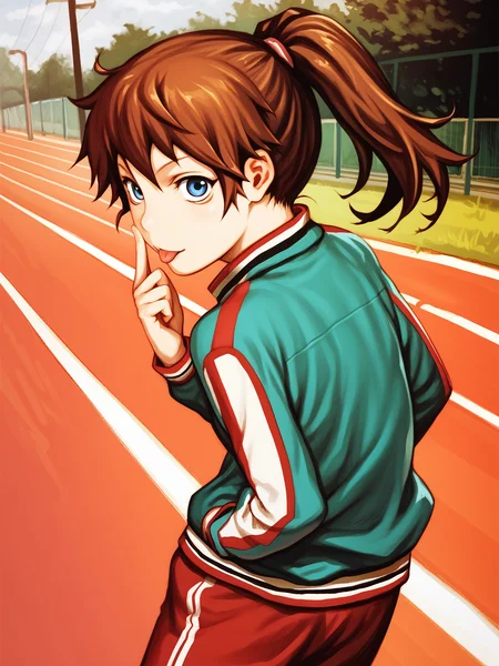 score_9, score_8_up, score_7_up, score_anime, rating_explicit, uncensored, BREAK, 1girl, <lora:yoshitoshi_ABe_Style_PDXLv1.1:0.8> abe yoshitoshi style, solo <lora:akanbe-ponyxl-lora-nochekaiser:1> akanbe, eyelid pull, finger to eye, tongue out, :p, tongue, ;p, brown hair, blue eyes, ponytail, track suit, track pants, running, looking back,