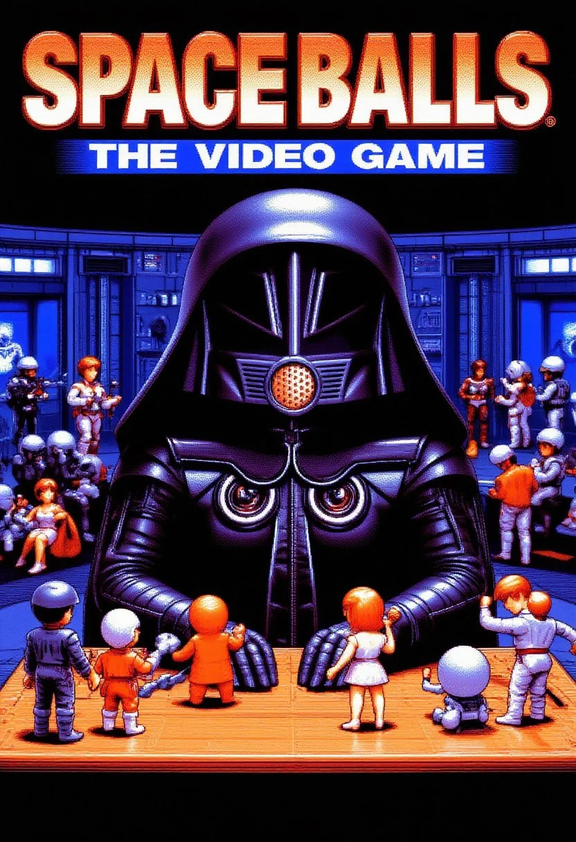 the title screen for the game "SPACEBALLS: The Video Game", it features dark helmet sitting behind a desk as he's playing with plastic dolls and action figures, in the background the bridge of his spaceship can be seen, pc98style