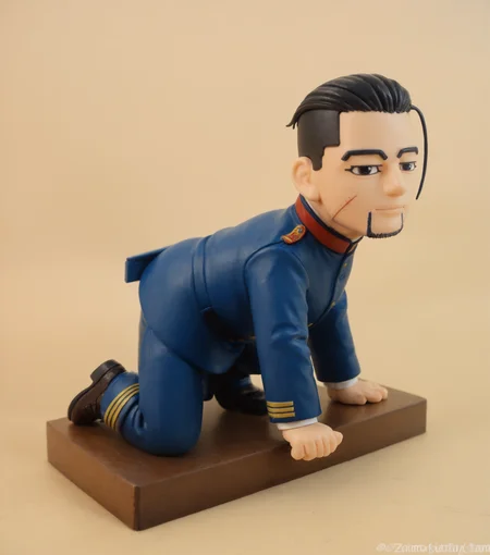 figurine of 0gata, solo, black hair, slicked back hair, undercut, facial scars, facial hair, photo, realistic, irl, (chibi:1.2), simple background, unimaginably cute, imperial japanese army uniform, shoes, long sleeves, rifle, blue jacket, zPDXL