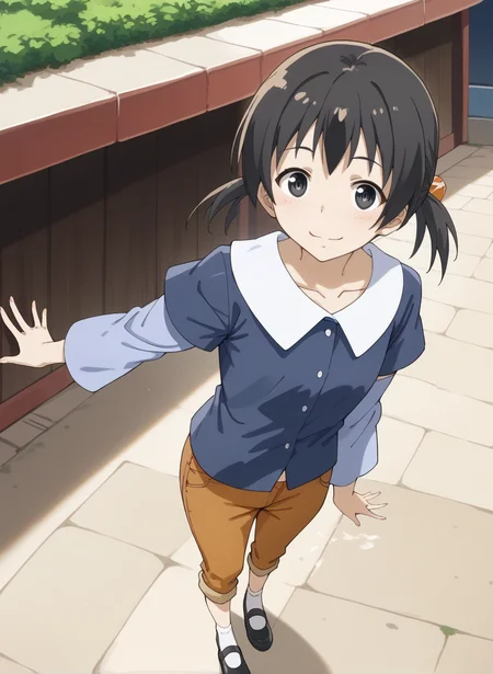(score_9,score_8_up,score_7_up,source_anime,anime,nsfw,rating_explicit,uncensored),(High quality, Ultra detailed, best quality, insanely detailed, beautiful, masterpiece,perfect lighting) BREAK
<lora:kuramoto_chinatsu_V1:1>,(kuramoto_chinatsu, black eyes, black hair, long hair, short twintails, capri pants, brown pants, blue shirt, collared shirt,long sleeves, layered sleeves, ankle socks, shoes),1girl,solo,smile,standing,outdoors,from_above,full body,looking_at_viewer,